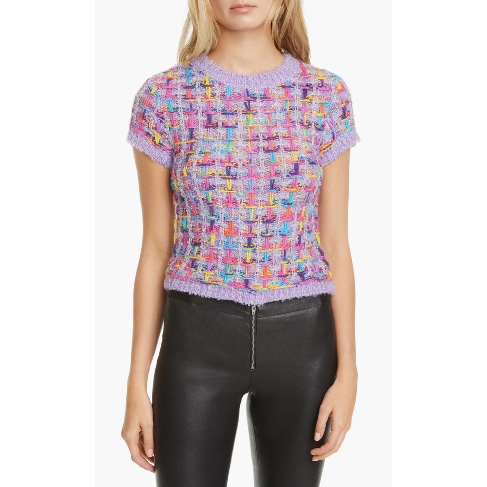 Alice + Olivia Ciara Metallic Tweed Short Sleeve Crop Sweater Purple Multi M